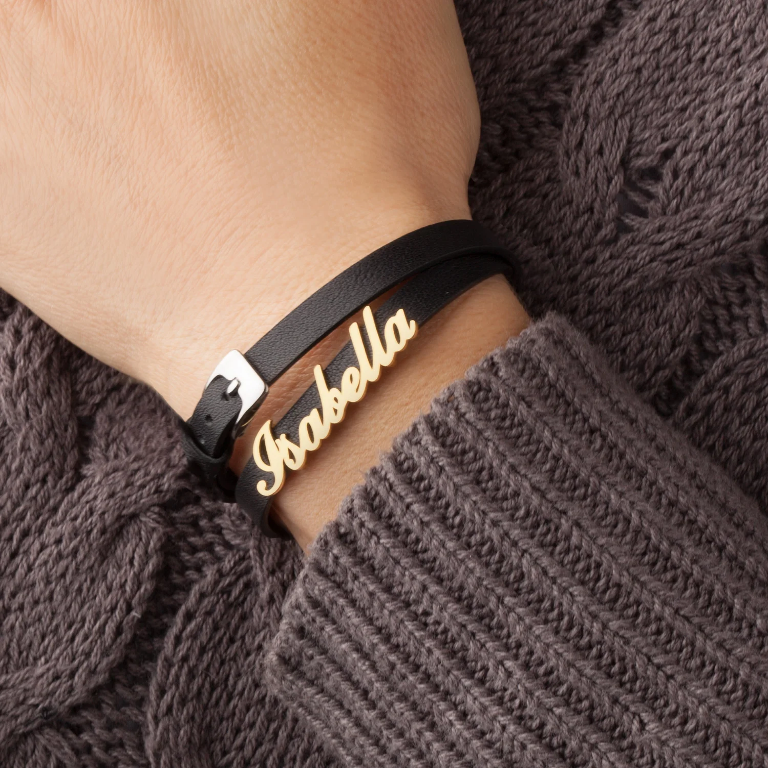 14K Gold over Sterling  Name Leather Wrap Bracelet and Choker - Image 3