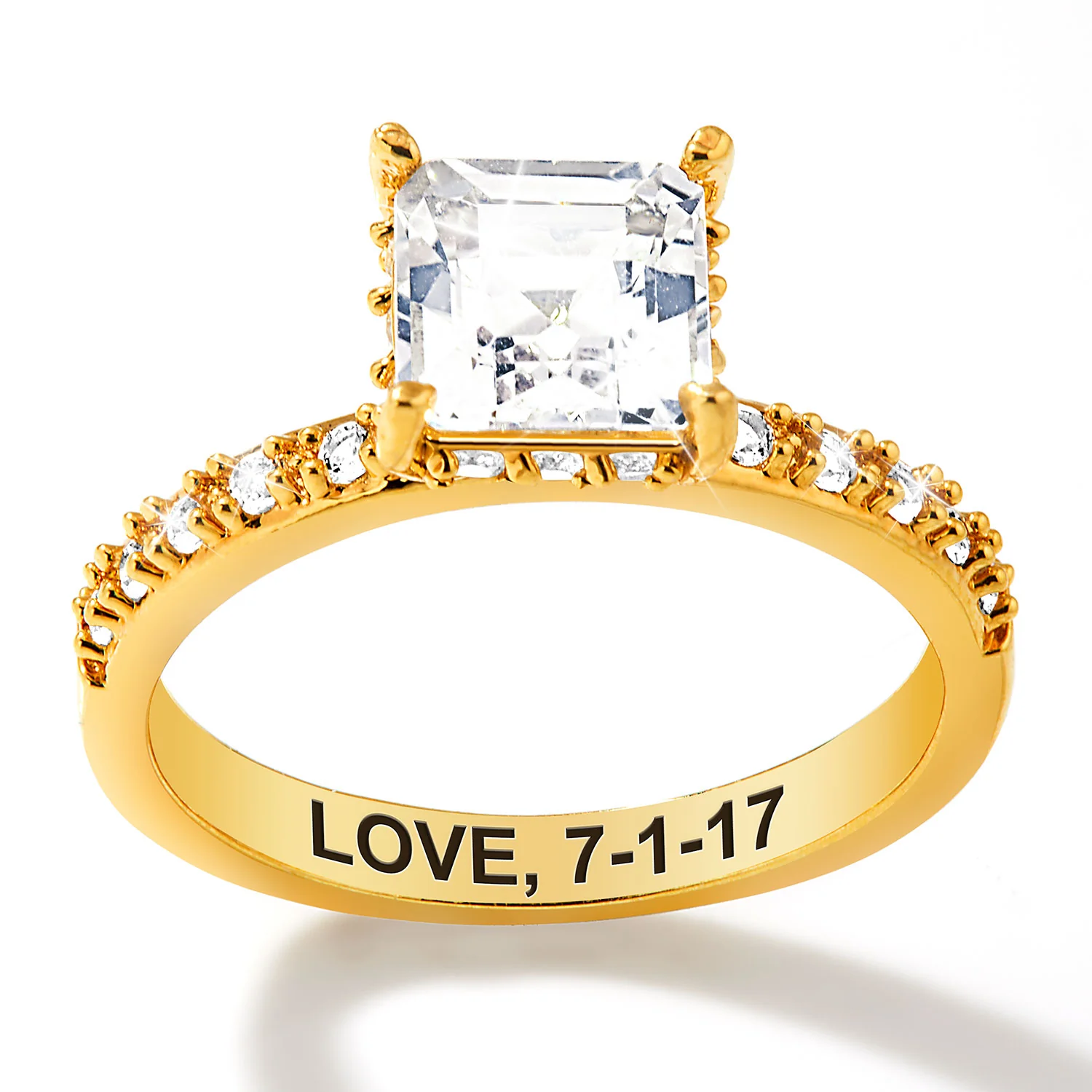 Gold over Sterling Square Hidden Halo White Topaz Pave Band Engagement Ring - Image 3