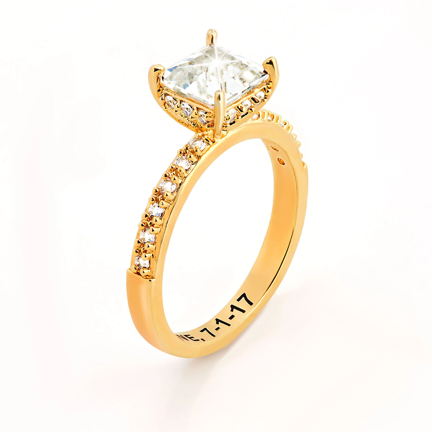 Gold over Sterling Square Hidden Halo White Topaz Pave Band Engagement Ring - Image 4
