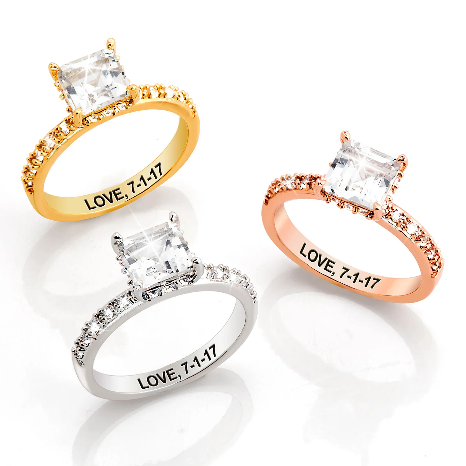 Gold over Sterling Square Hidden Halo White Topaz Pave Band Engagement Ring - Image 6