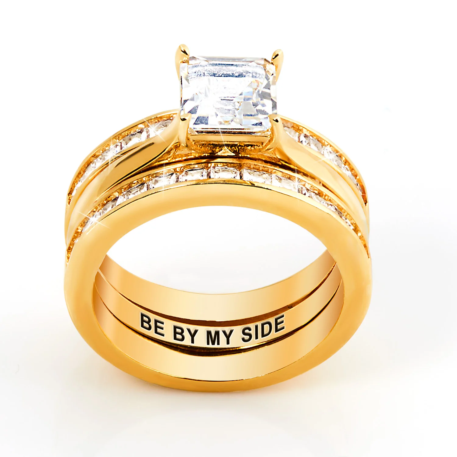 Gold over Sterling Square White Topaz Engraved Enhancer Engagement Ring Set - Image 3