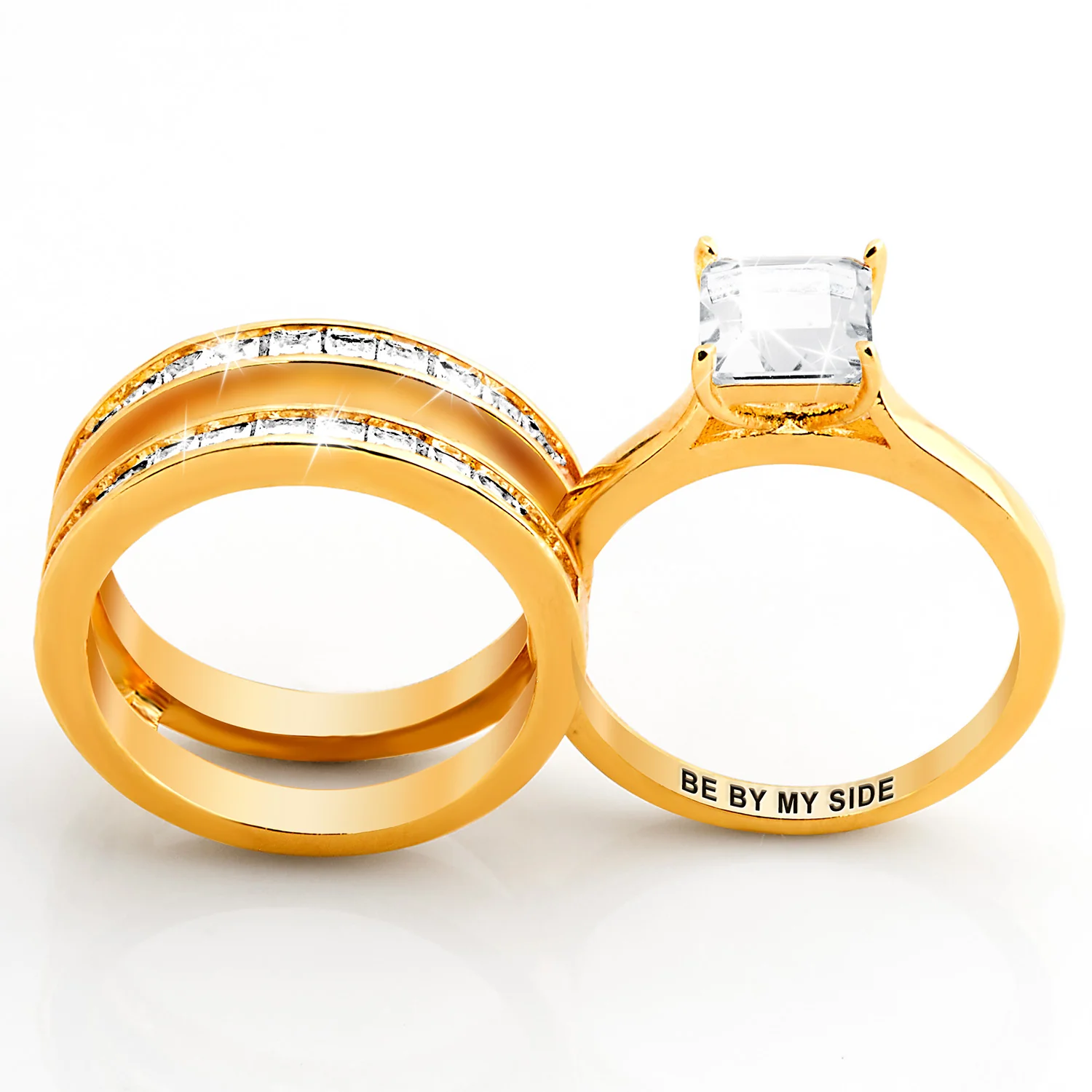 Gold over Sterling Square White Topaz Engraved Enhancer Engagement Ring Set - Image 4