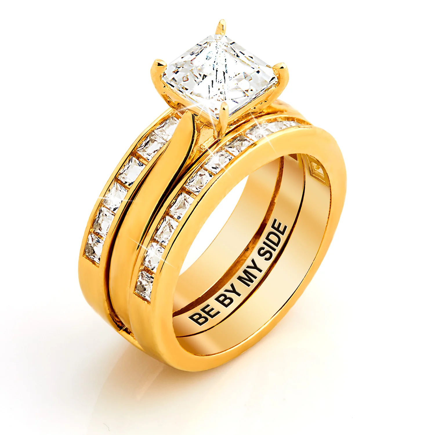 Gold over Sterling Square White Topaz Engraved Enhancer Engagement Ring Set - Image 6
