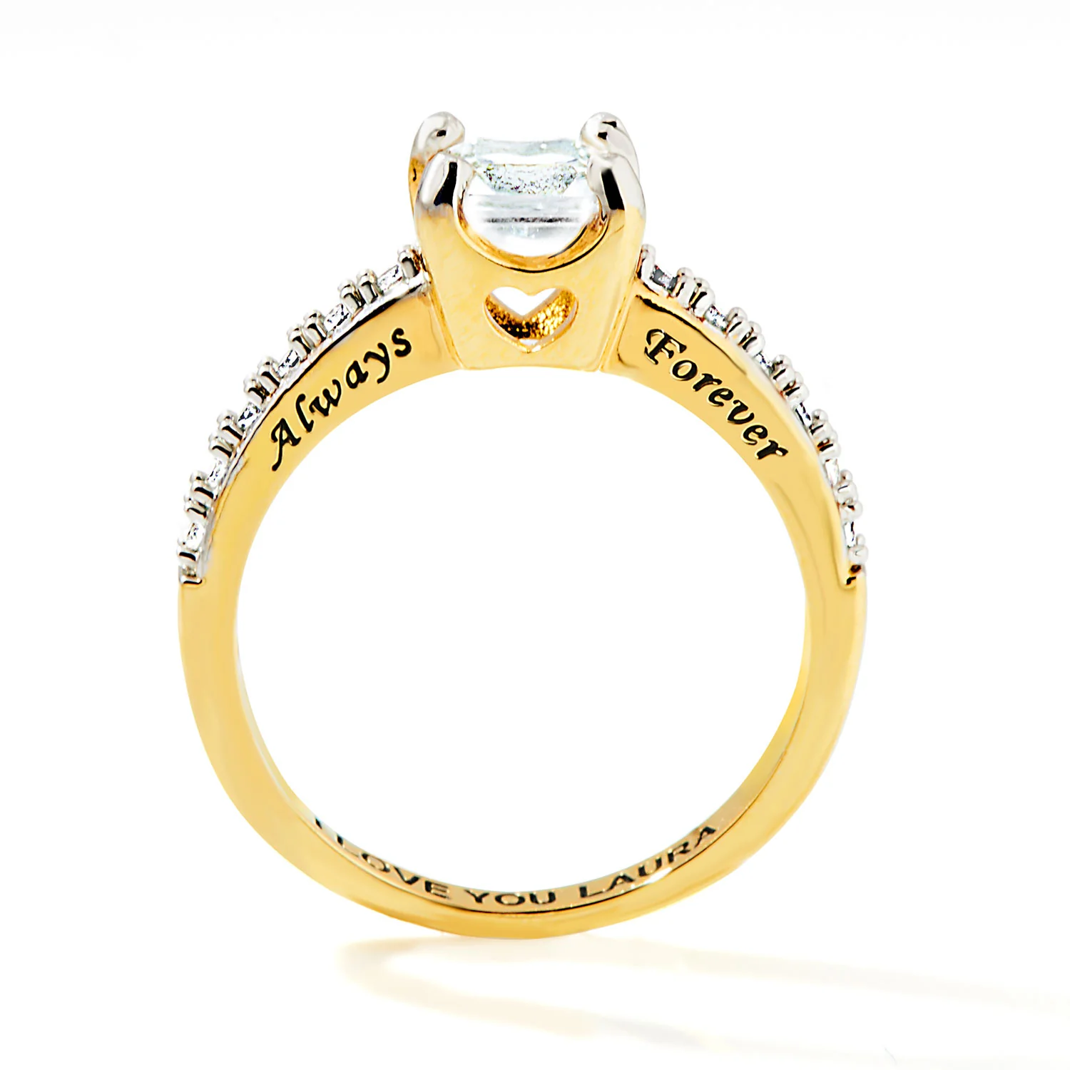 Gold over Sterling Square White Topaz Open Heart Engraved Wedding Ring - Image 5