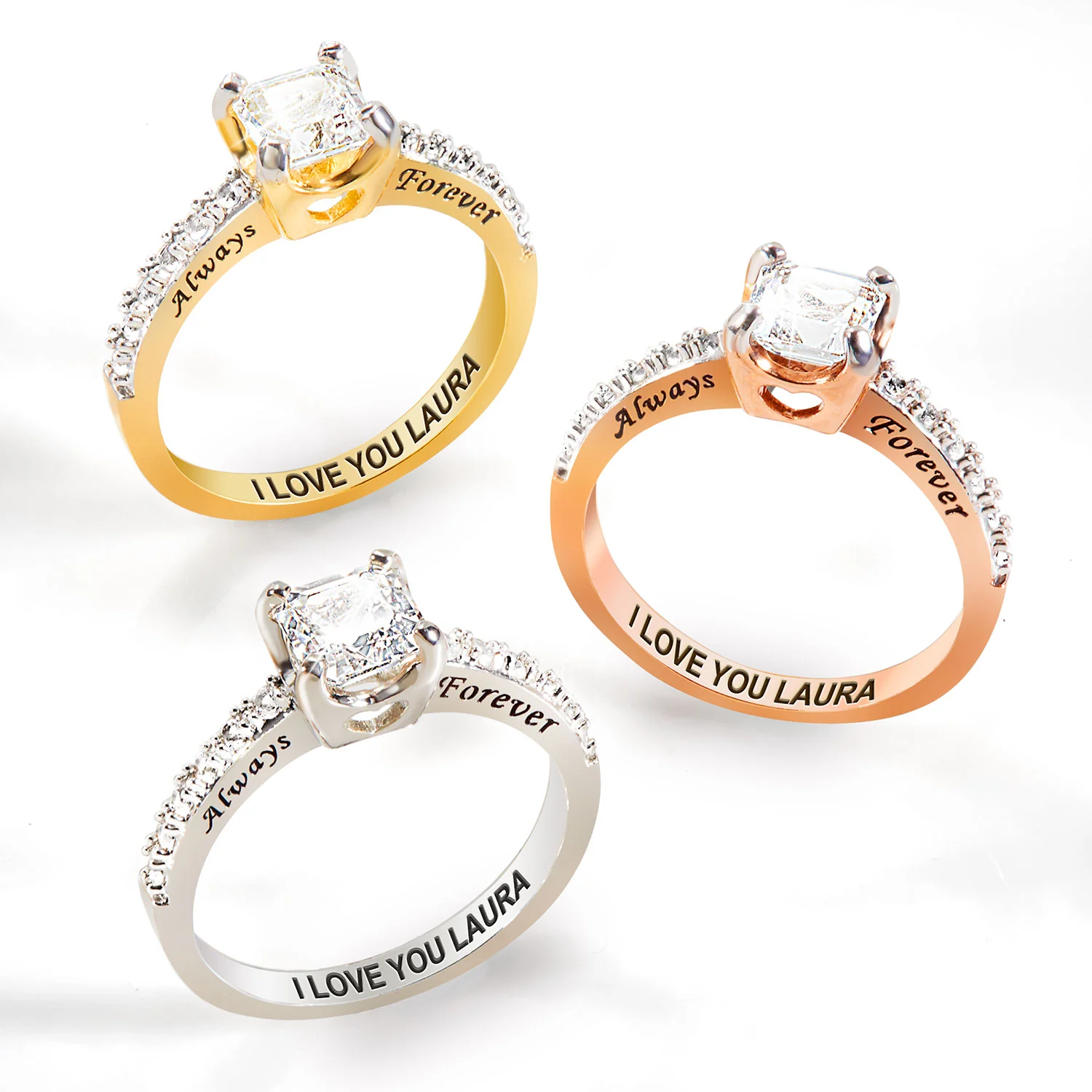 Gold over Sterling Square White Topaz Open Heart Engraved Wedding Ring - Image 6