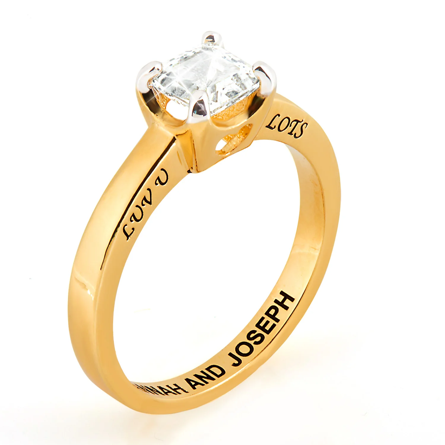 Gold over Sterling Square White Topaz Solitaire Open Heart Engraved Wedding Ring - Image 3