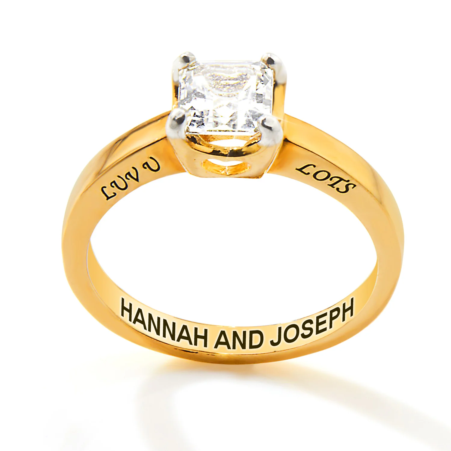 Gold over Sterling Square White Topaz Solitaire Open Heart Engraved Wedding Ring - Image 6