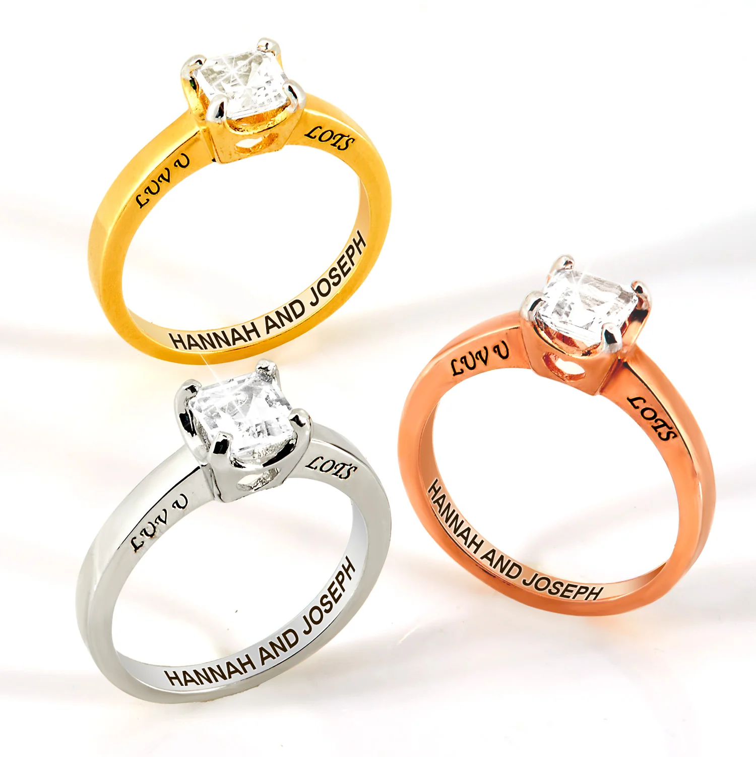 Gold over Sterling Square White Topaz Solitaire Open Heart Engraved Wedding Ring - Image 7