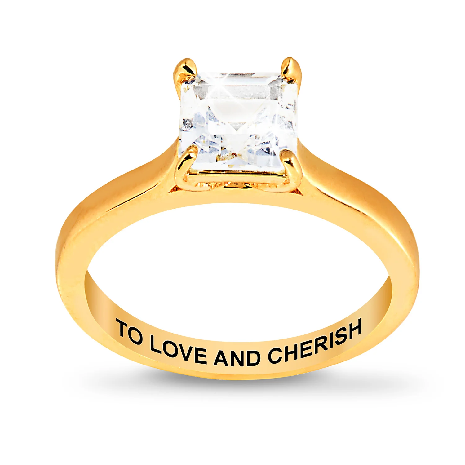 Gold over Sterling Square White Topaz Solitaire with Enhancer Engraved Engagement Ring Set - Image 5