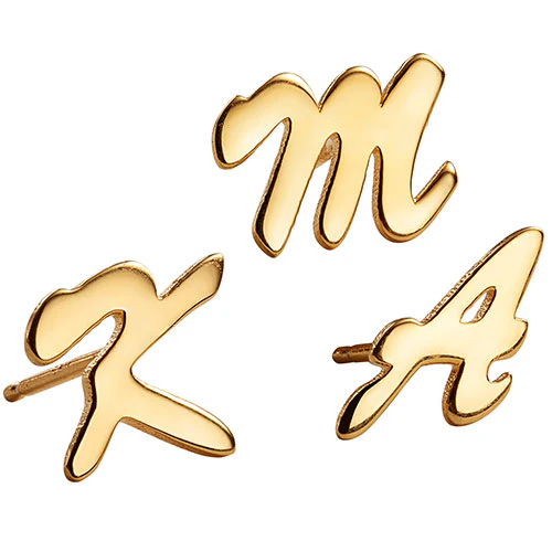 14K Gold over Sterling Uppercase Script Initial Button Earring - Image 4