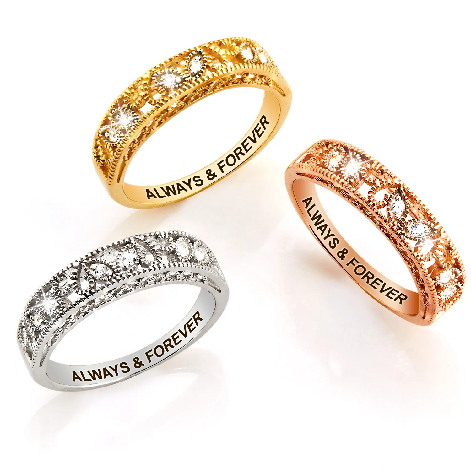 Gold over Sterling Vintage Filigree White Topaz Band Ring - Image 6