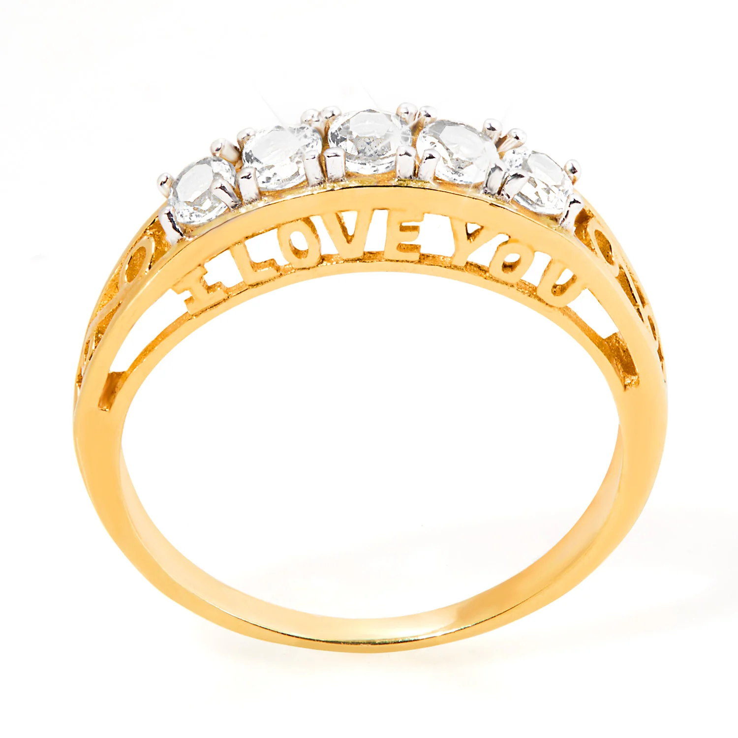 Gold over Sterling White Topaz I LOVE YOU Hidden Message Band Ring - Image 3