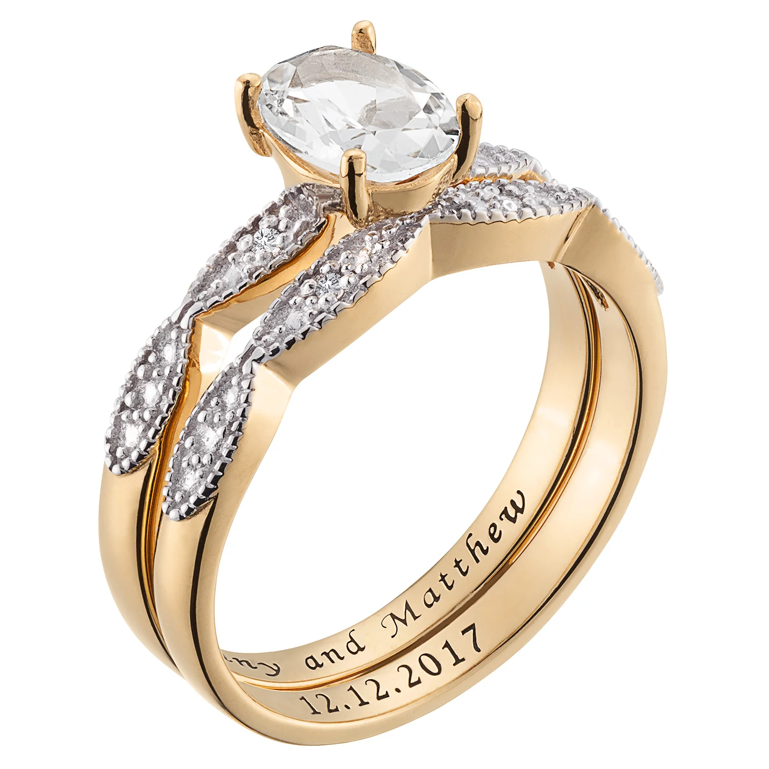 14K Gold over Sterling White Topaz Oval and Diamond Accent Wedding Ring Set - Image 2