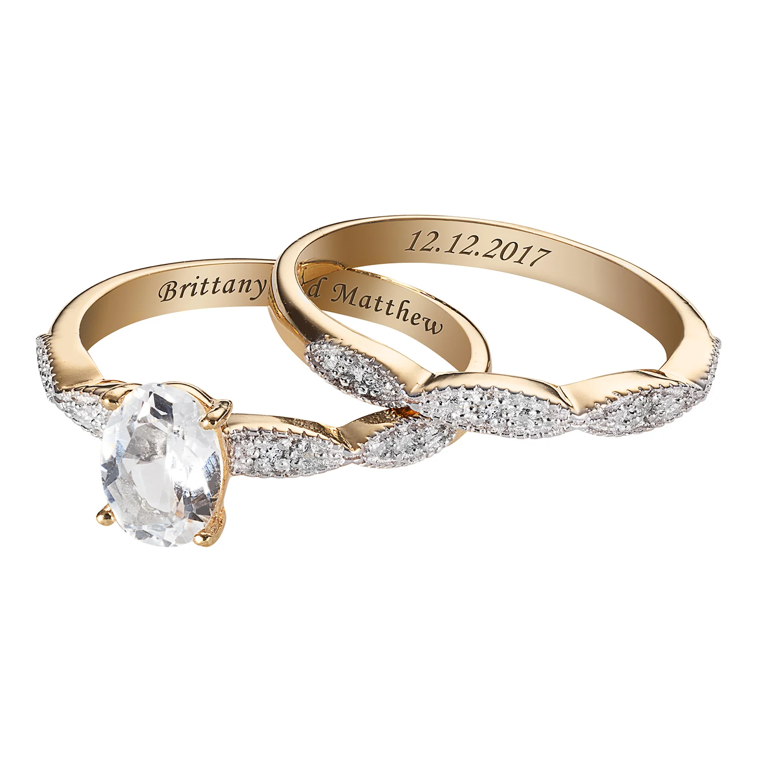 14K Gold over Sterling White Topaz Oval and Diamond Accent Wedding Ring Set - Image 3