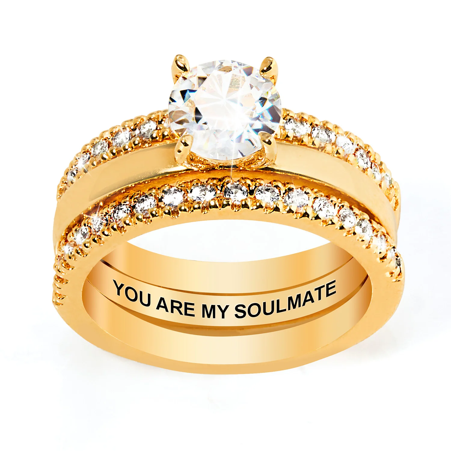Gold over Sterling White Topaz Solitaire with Enhancer Engraved Engagement Ring Set - Image 3