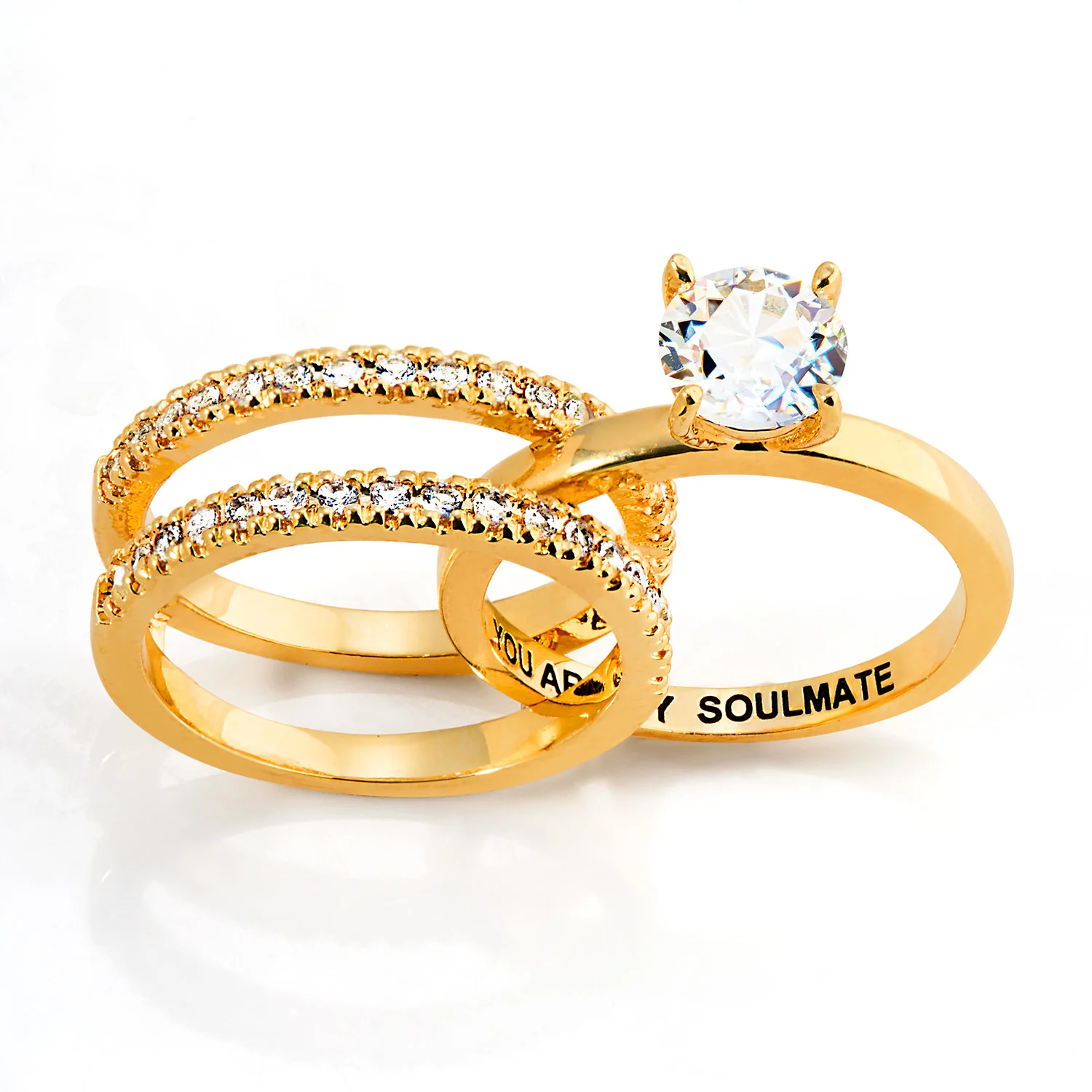 Gold over Sterling White Topaz Solitaire with Enhancer Engraved Engagement Ring Set - Image 4