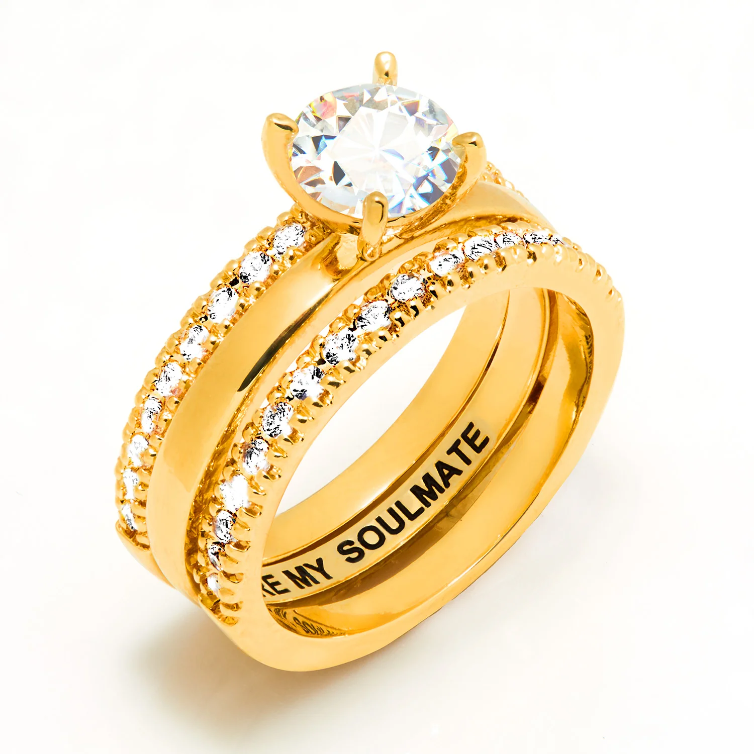 Gold over Sterling White Topaz Solitaire with Enhancer Engraved Engagement Ring Set - Image 6