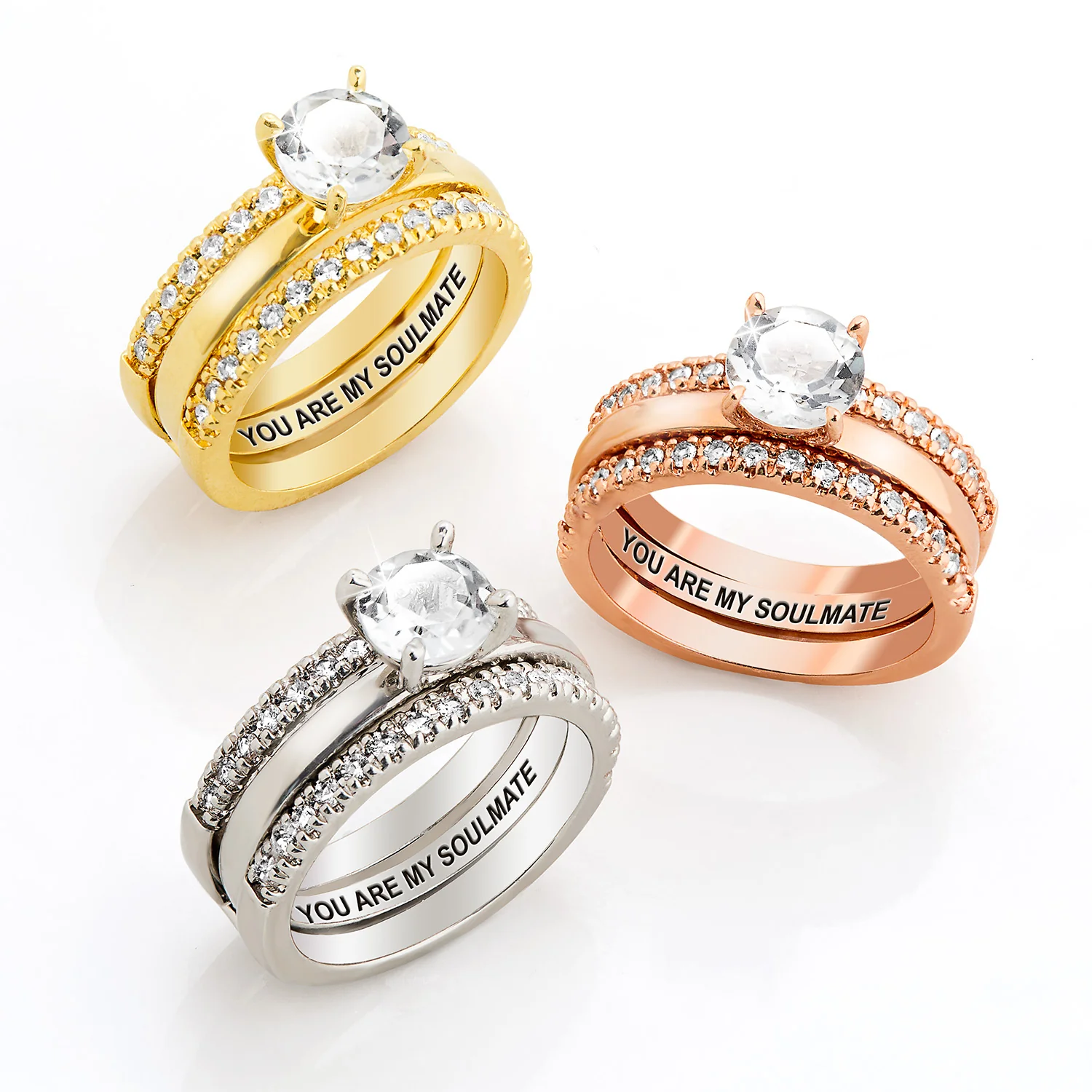 Gold over Sterling White Topaz Solitaire with Enhancer Engraved Engagement Ring Set - Image 8