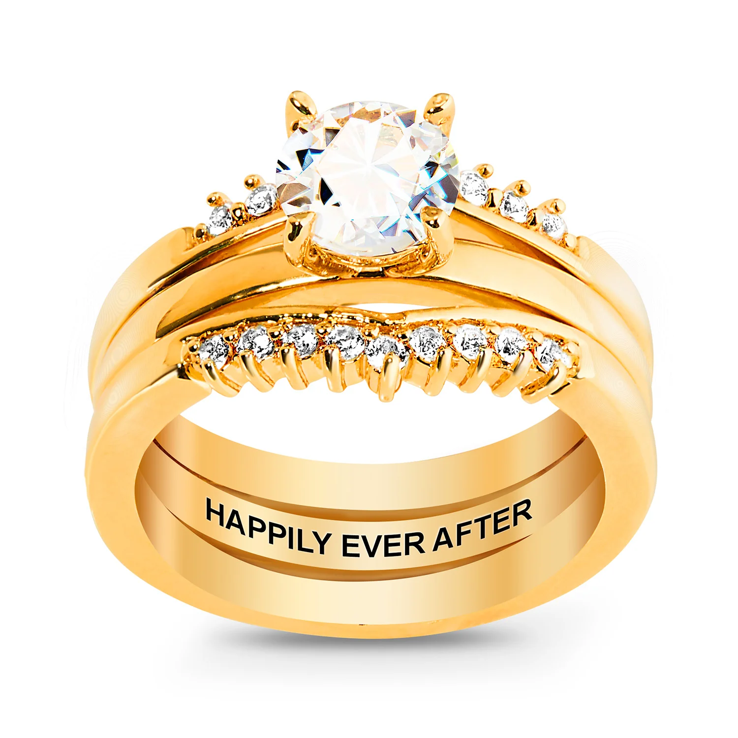 Gold over Sterling White Topaz Solitaire with Enhancer Engraved Engagement Ring Set - Image 3