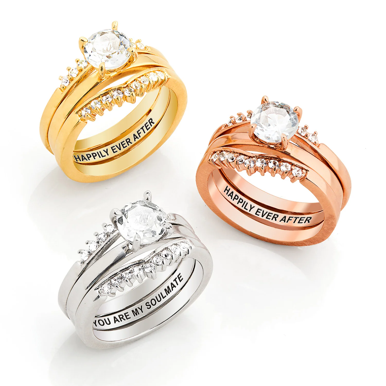 Gold over Sterling White Topaz Solitaire with Enhancer Engraved Engagement Ring Set - Image 8