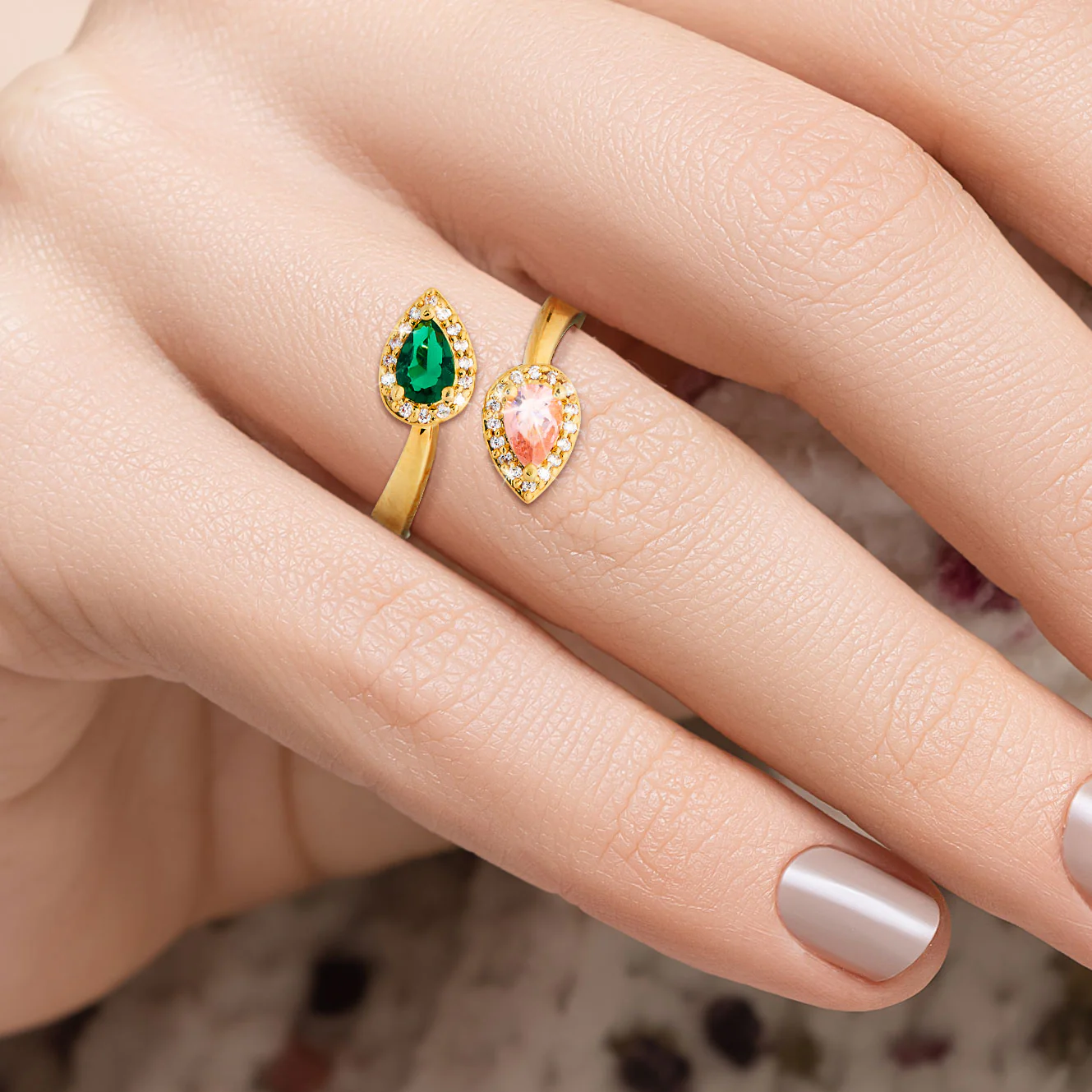 Gold Plated Couple's Pear Birthstone CZ Halo Bypass Ring - Image 2