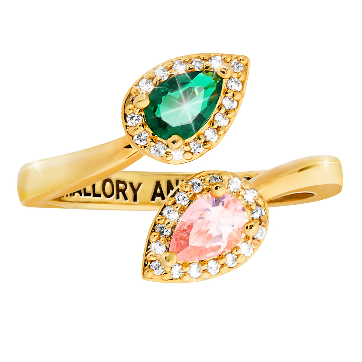 Gold Plated Couple's Pear Birthstone CZ Halo Bypass Ring - Image 3
