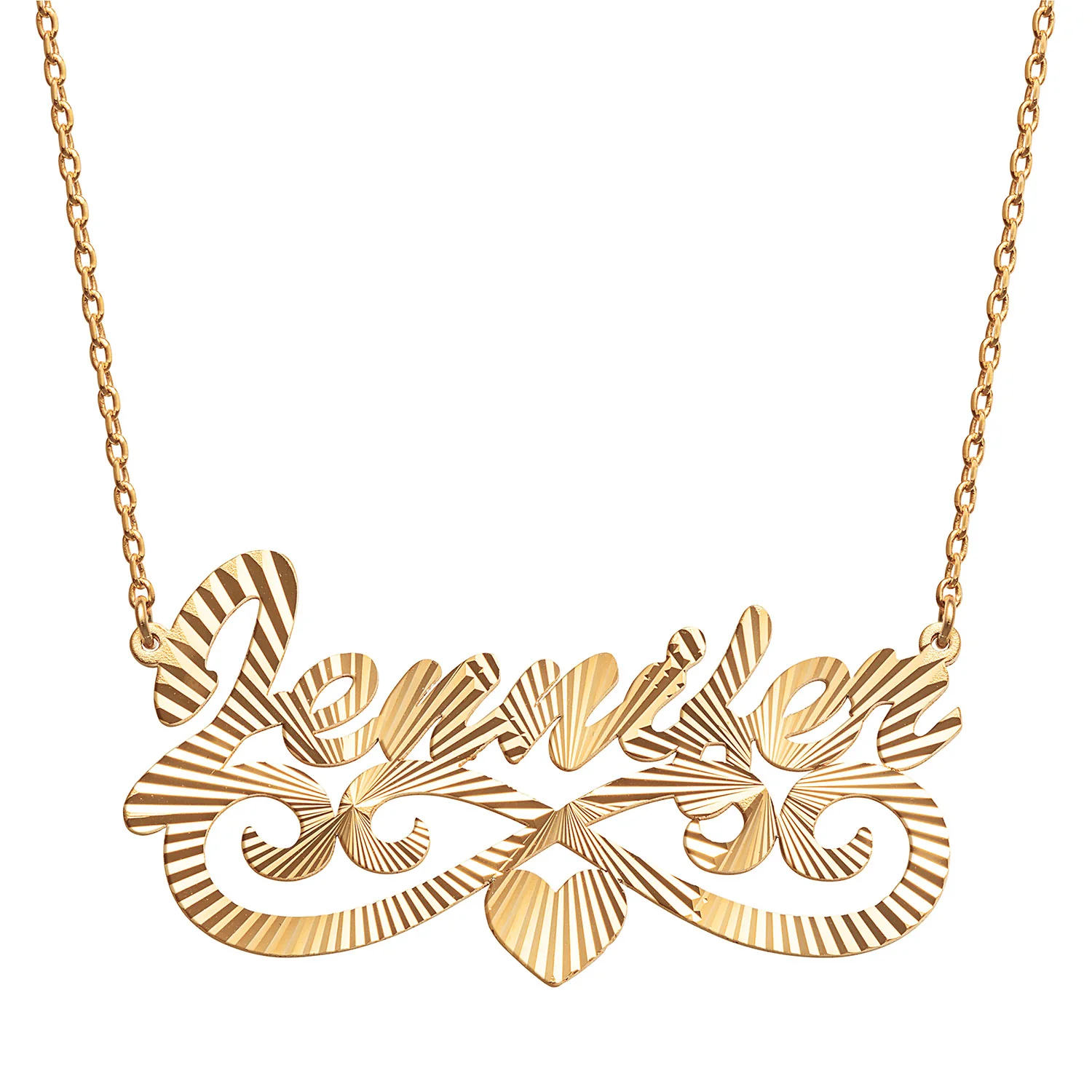 14K Gold Plated Diamond Cut Script Name Necklace with Heart Swirl