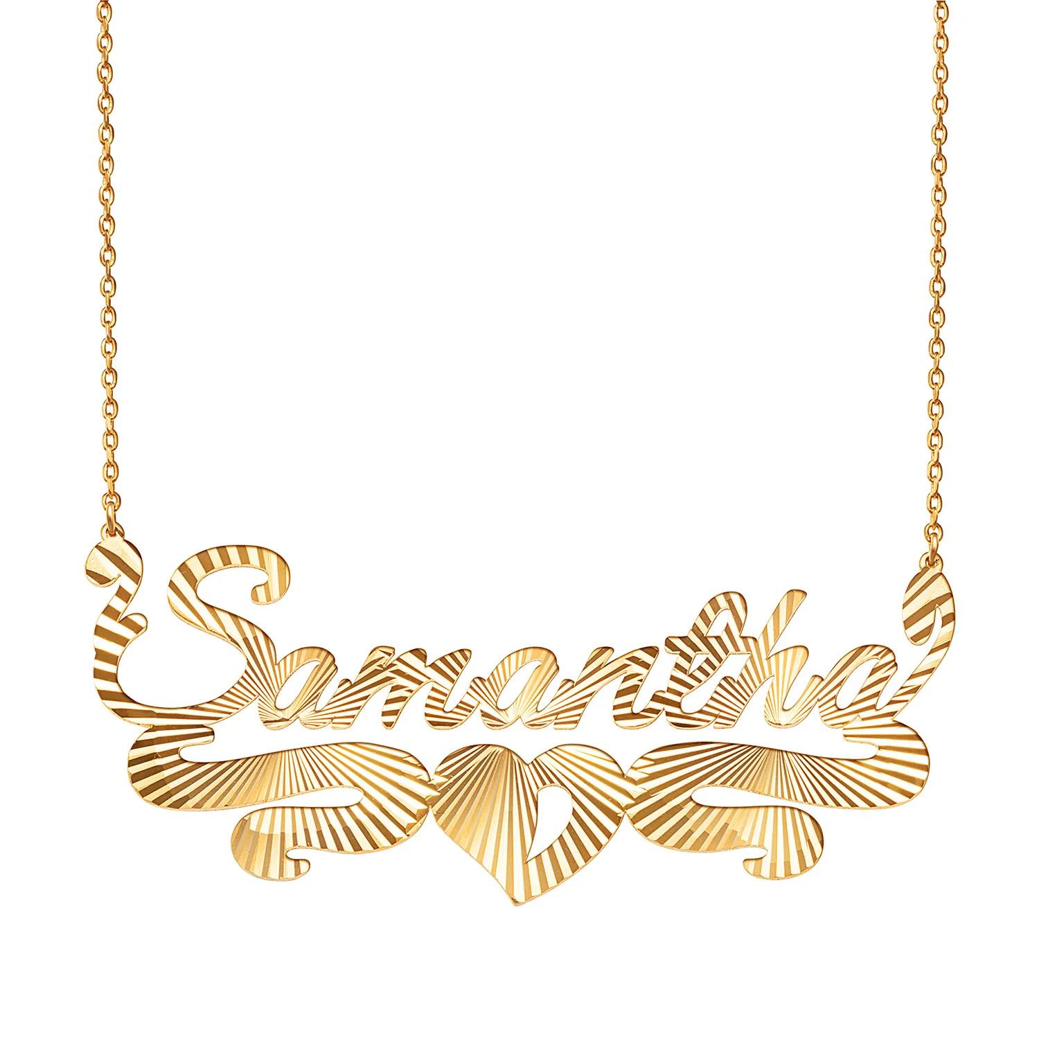 14K Gold Plated Diamond Cut Script Name Necklace with Heart Swirl