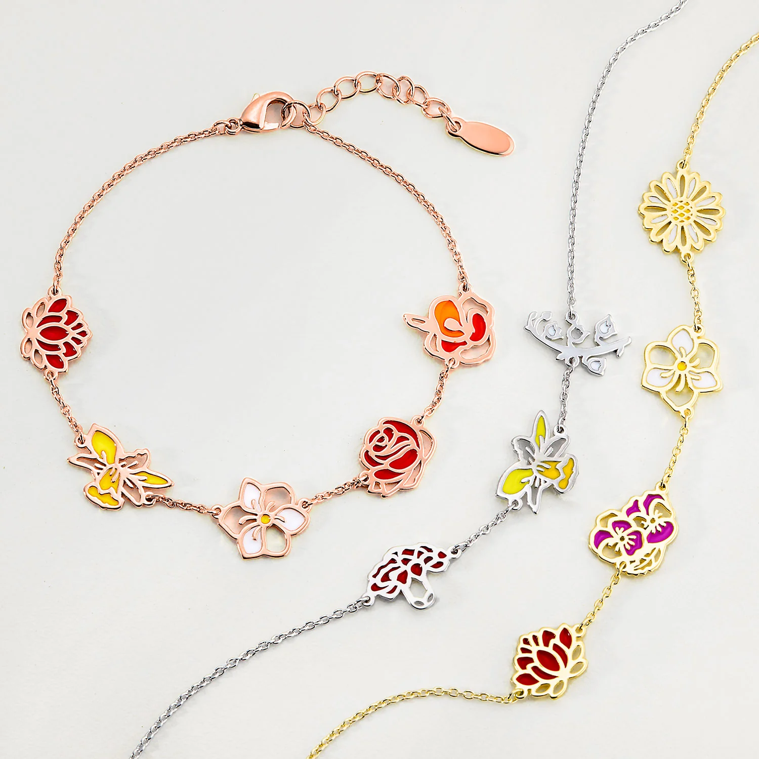 Gold Plated Enamel Birthmonth Flower Station Bracelet - Image 5