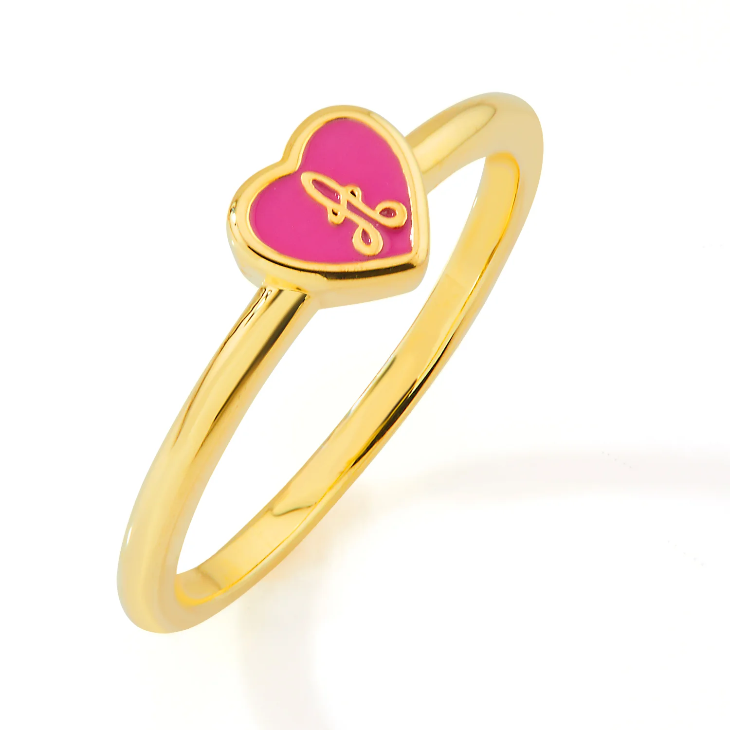 Gold Plated Petite Enamel Heart and Script Initial Ring - Image 3
