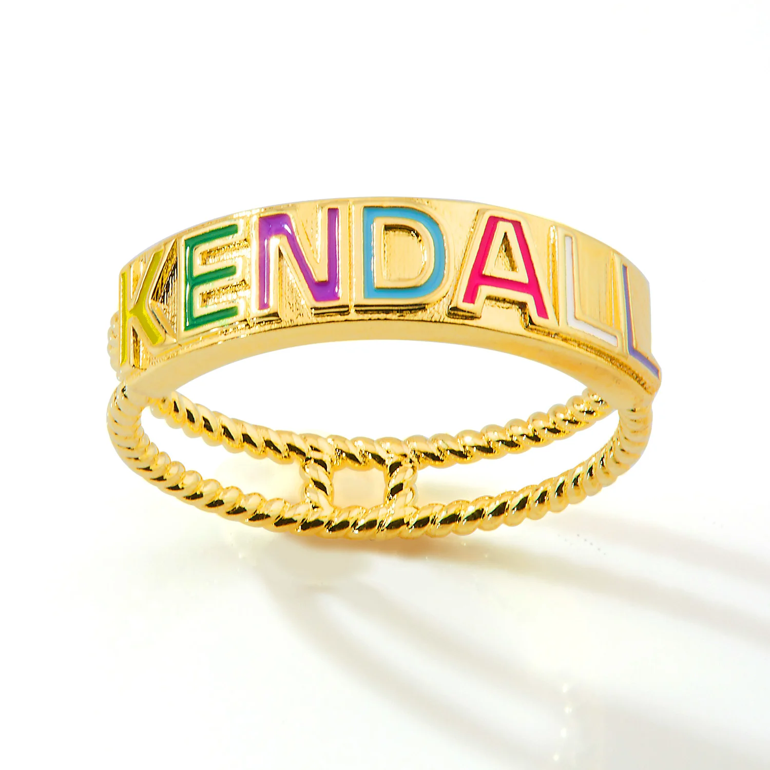 Gold Plated Enamel Name with Double Roped Band Ring - Image 4
