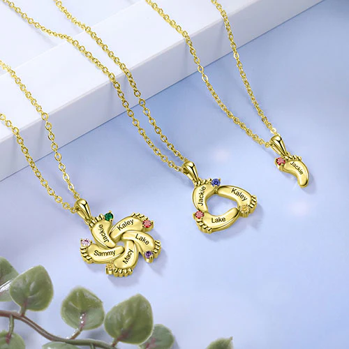 Gold Plated Engraved Birthstone Footprint Necklace - Image 8