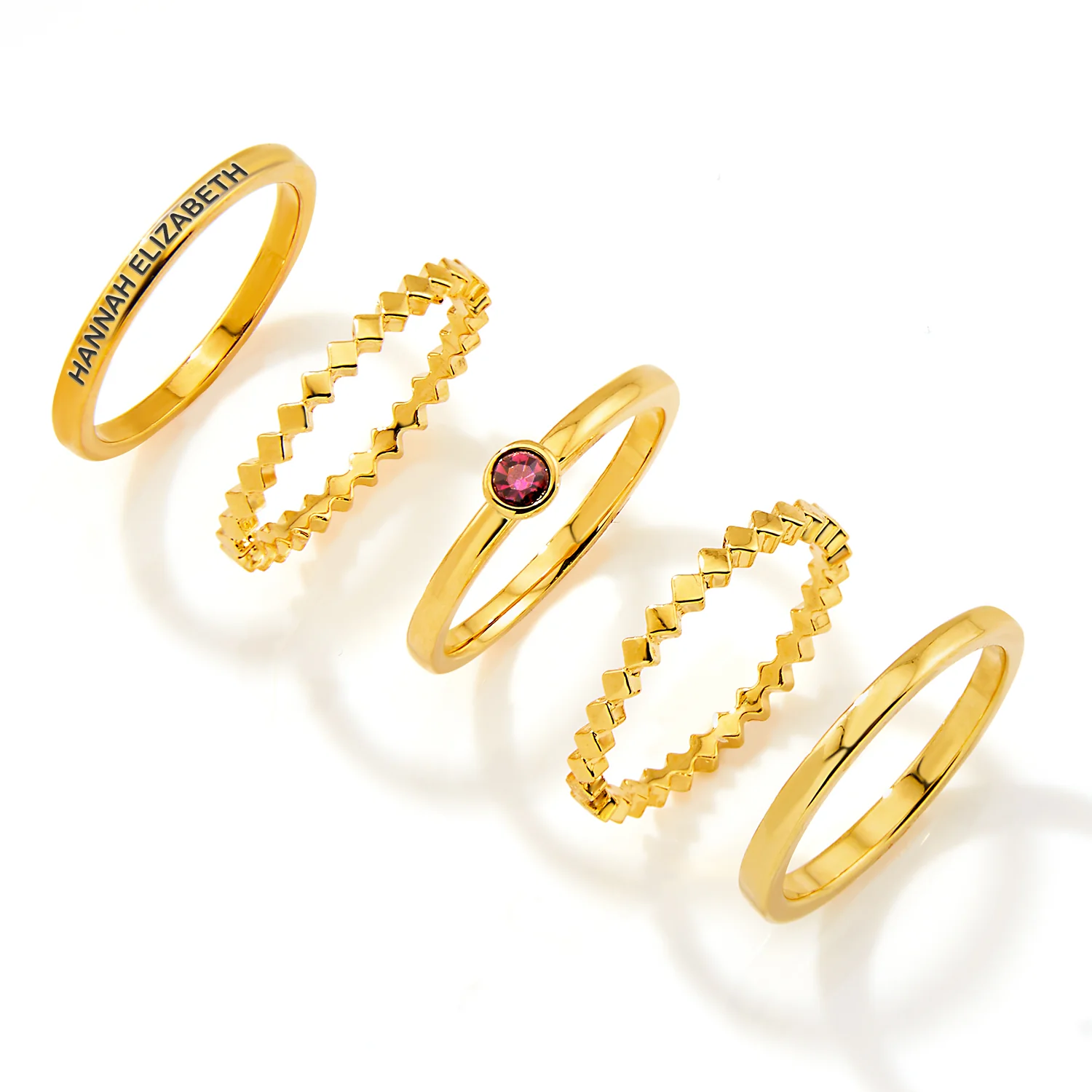 Gold Plated Engraved Birthstone Geometric Stackable 5 Ring Set - Image 3