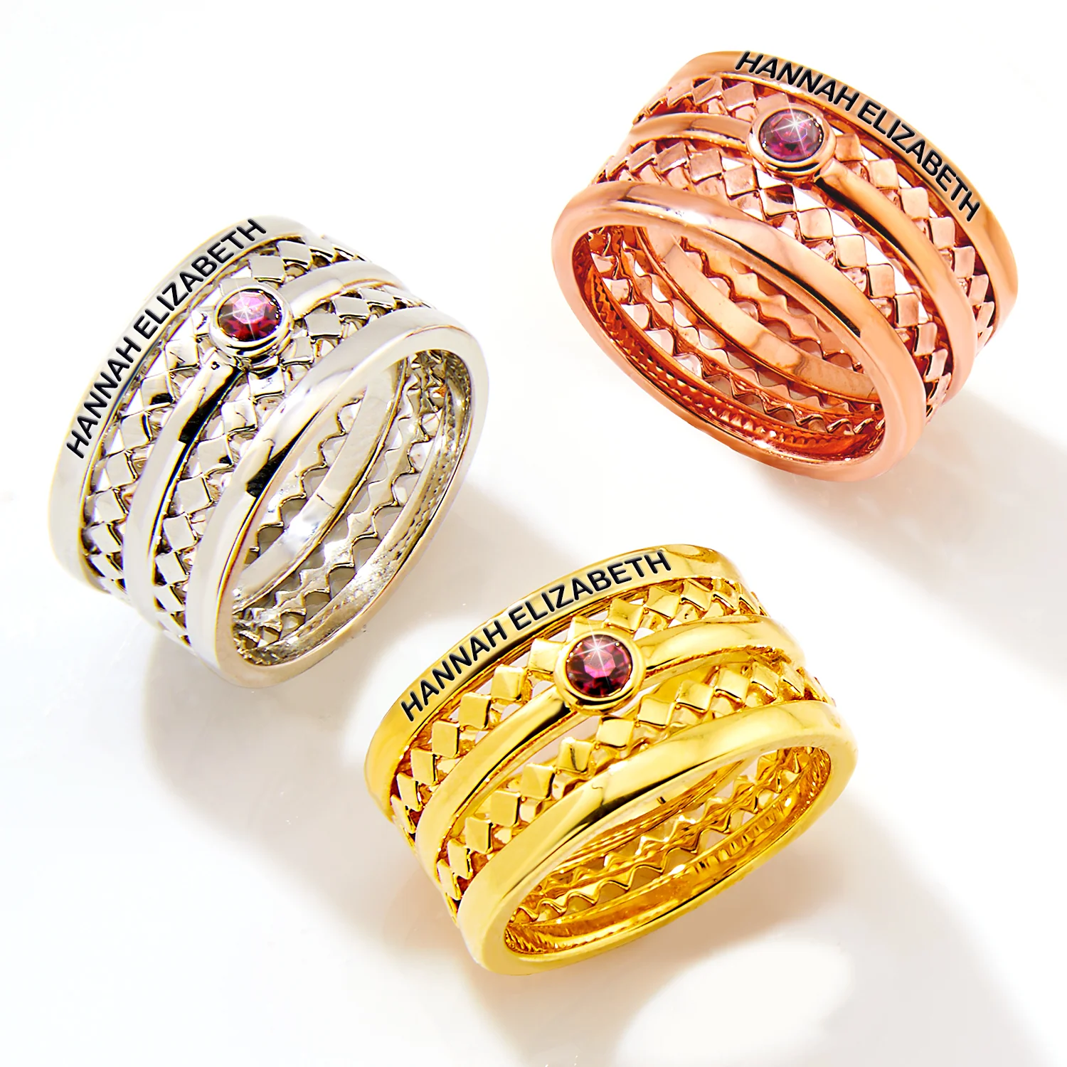 Gold Plated Engraved Birthstone Geometric Stackable 5 Ring Set - Image 4