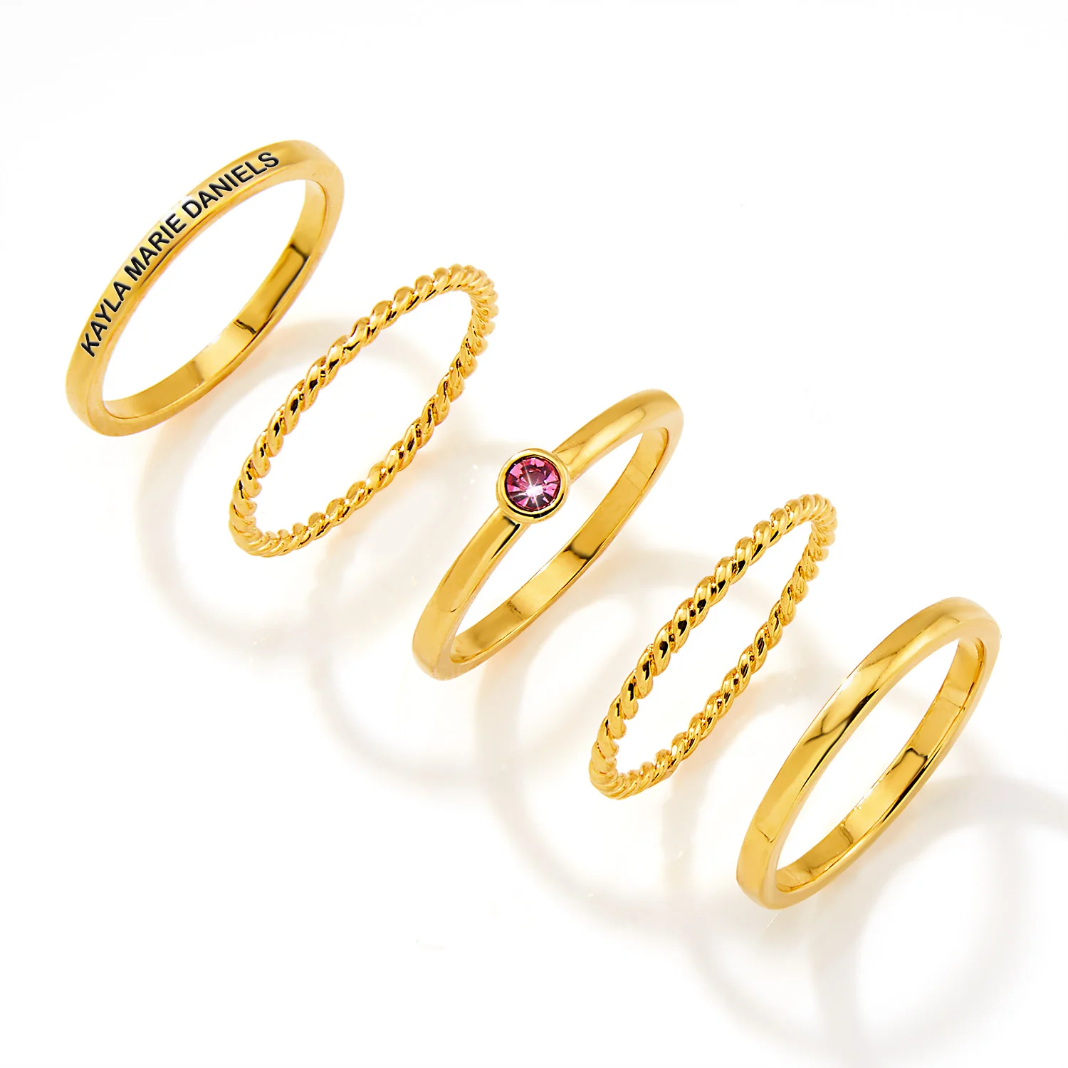 Gold Plated Engraved Birthstone Roped Stackable 5 Ring Set - Image 3