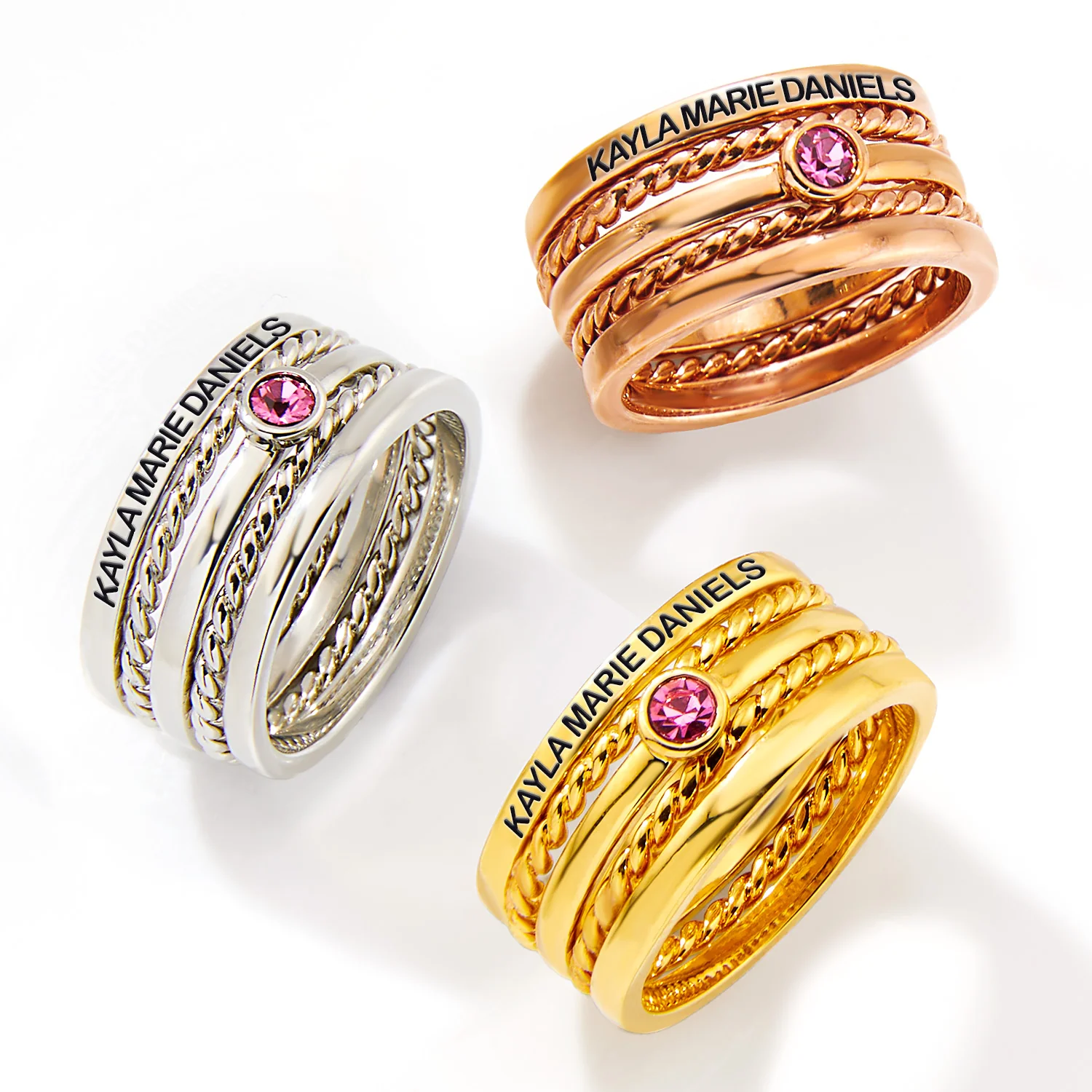 Gold Plated Engraved Birthstone Roped Stackable 5 Ring Set - Image 4