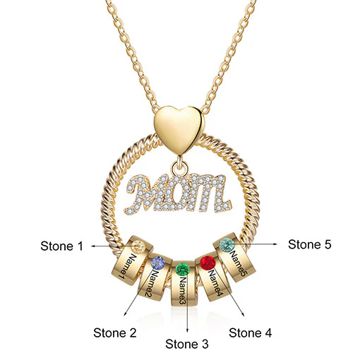 Gold Plated Mom Circle Pendant with Engraved Birthstone Charm - Image 3