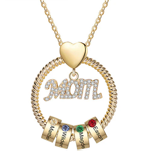 Gold Plated Mom Circle Pendant with Engraved Birthstone Charm - Image 4
