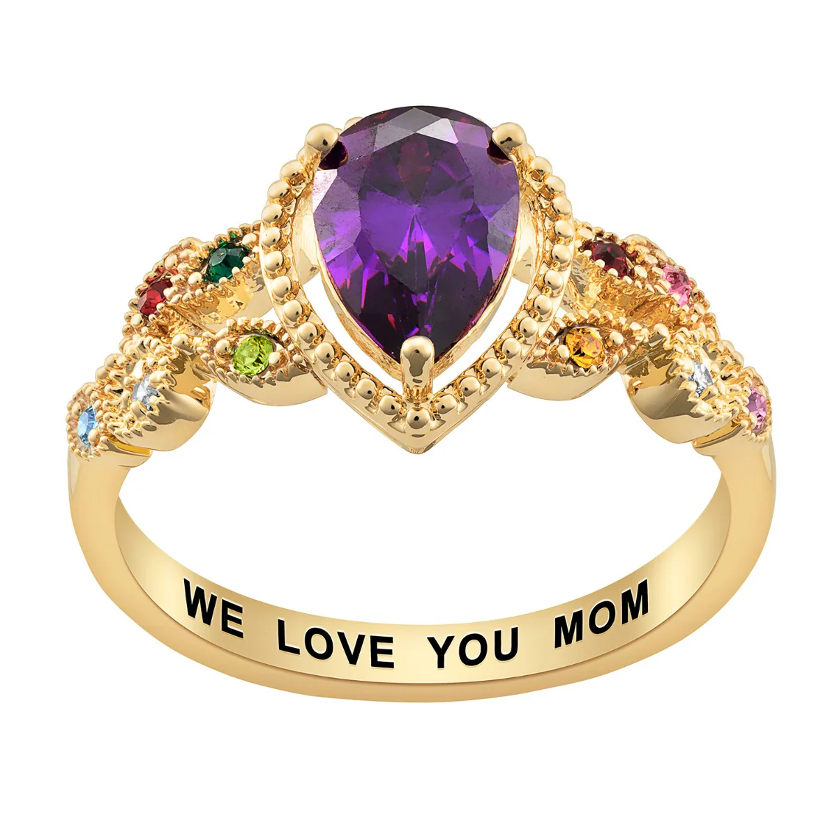14K Gold Plated Mother's Pear Family Birthstone Ring