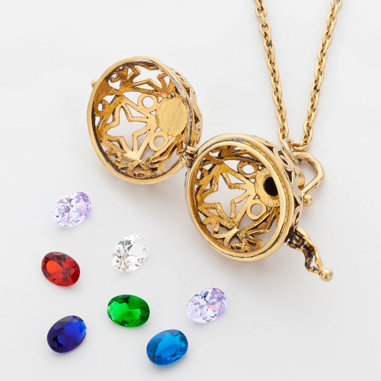 14K Gold Plated Oxidized Ball Locket with Birthstones Pendant - Image 2