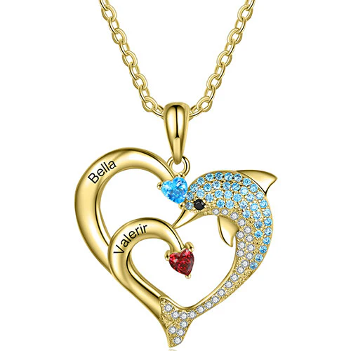 Gold Plated Pave Dolphin Open Heart Engraved Birthstone Necklace - Image 3