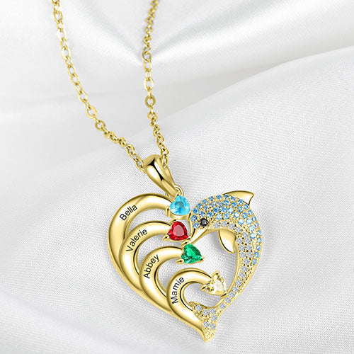 Gold Plated Pave Dolphin Open Heart Engraved Birthstone Necklace - Image 4