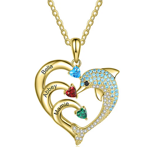 Gold Plated Pave Dolphin Open Heart Engraved Birthstone Necklace - Image 5