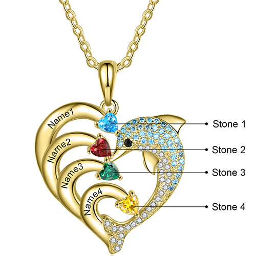 Gold Plated Pave Dolphin Open Heart Engraved Birthstone Necklace - Image 6