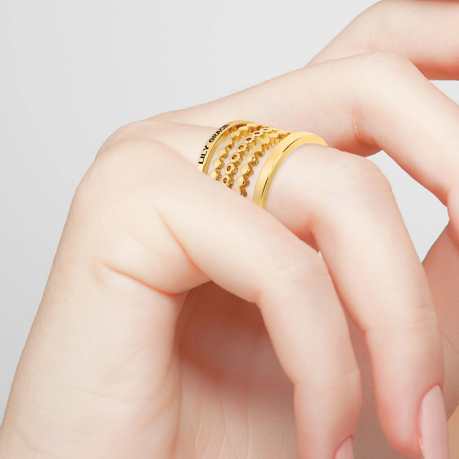 Gold Plated Personalized Beaded Stackable 5 Ring Set - Image 2