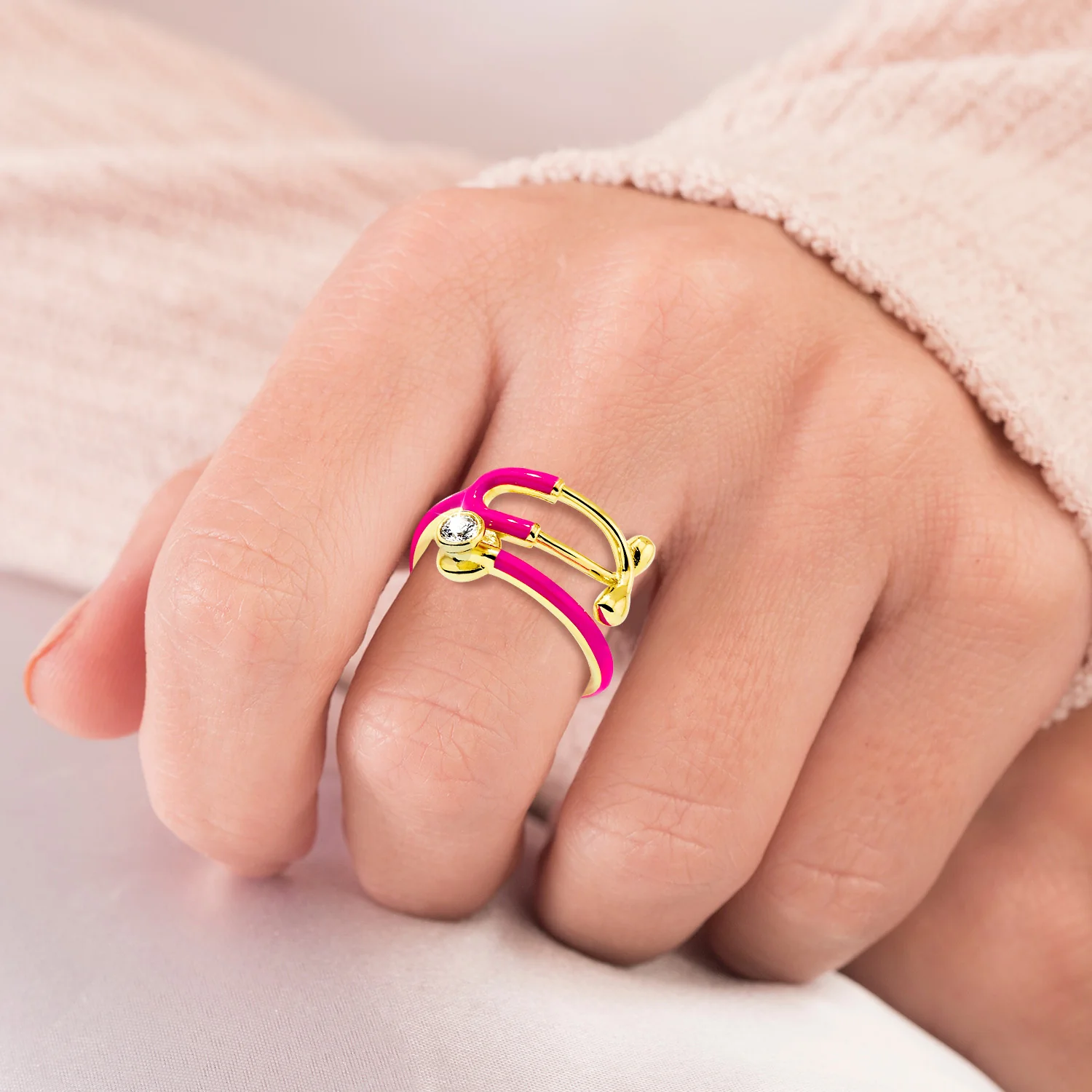 Gold Plated Personalized Birthstone & Enamel Stethoscope Wrap Ring - Image 2