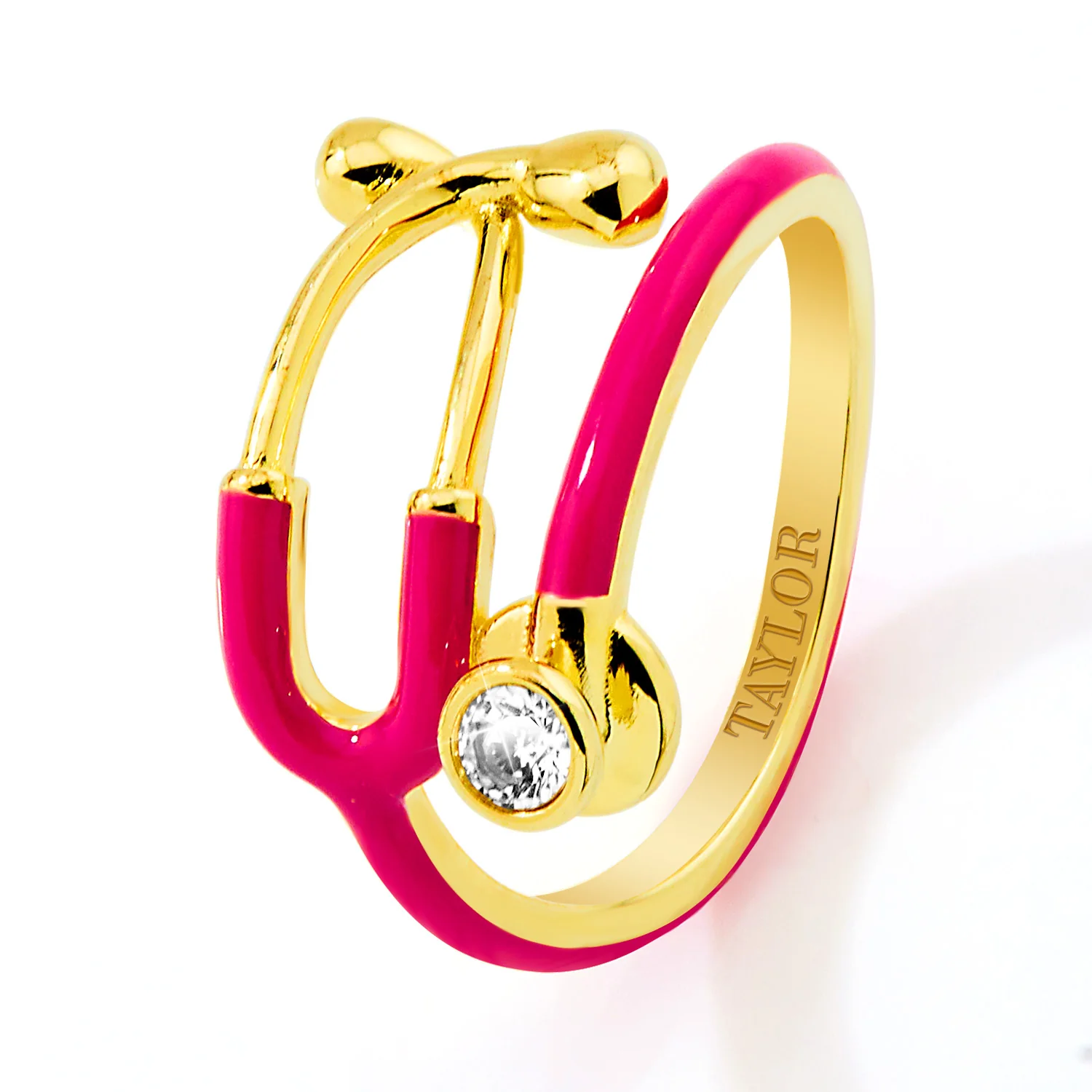 Gold Plated Personalized Birthstone & Enamel Stethoscope Wrap Ring - Image 3