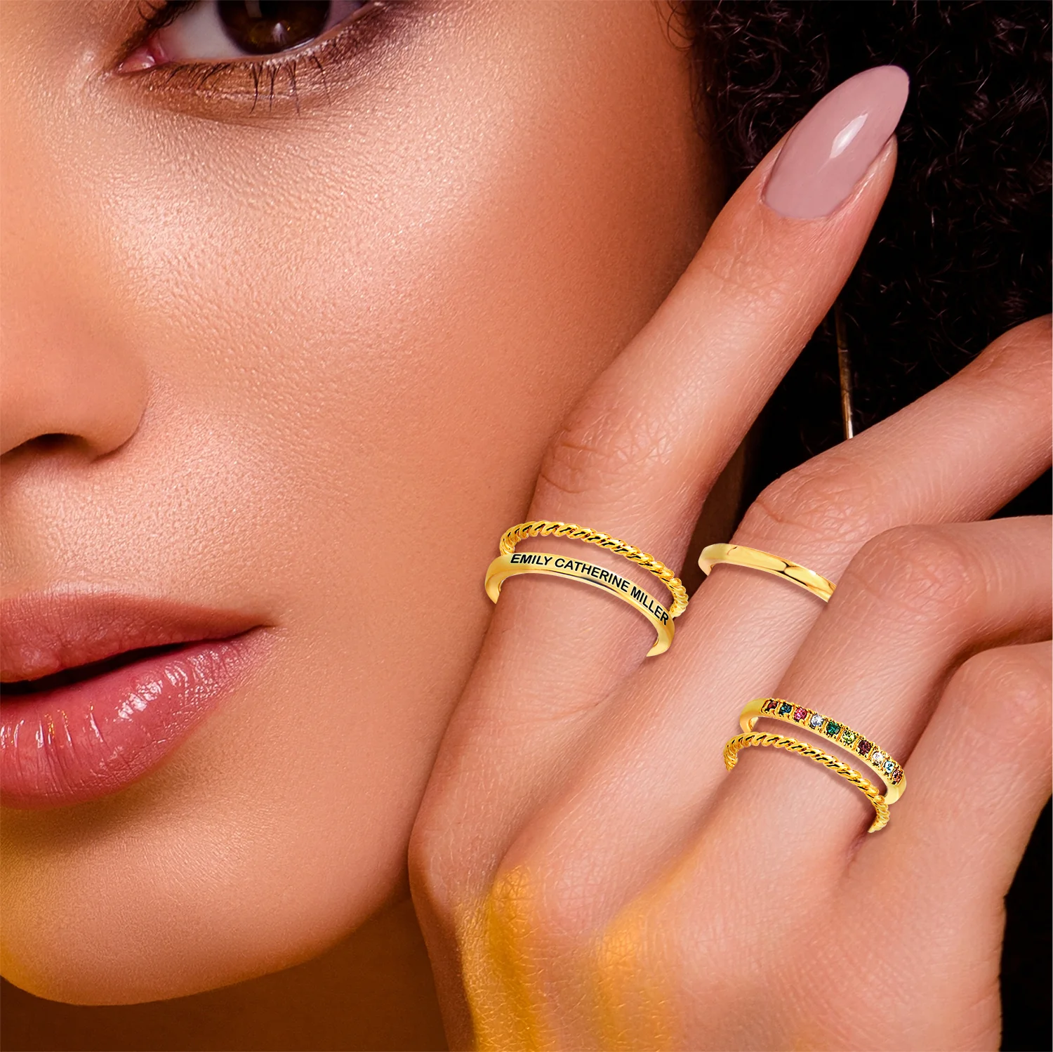 Gold Plated Personalized Family Birthstone Roped Stackable 5 Ring Set - Image 2