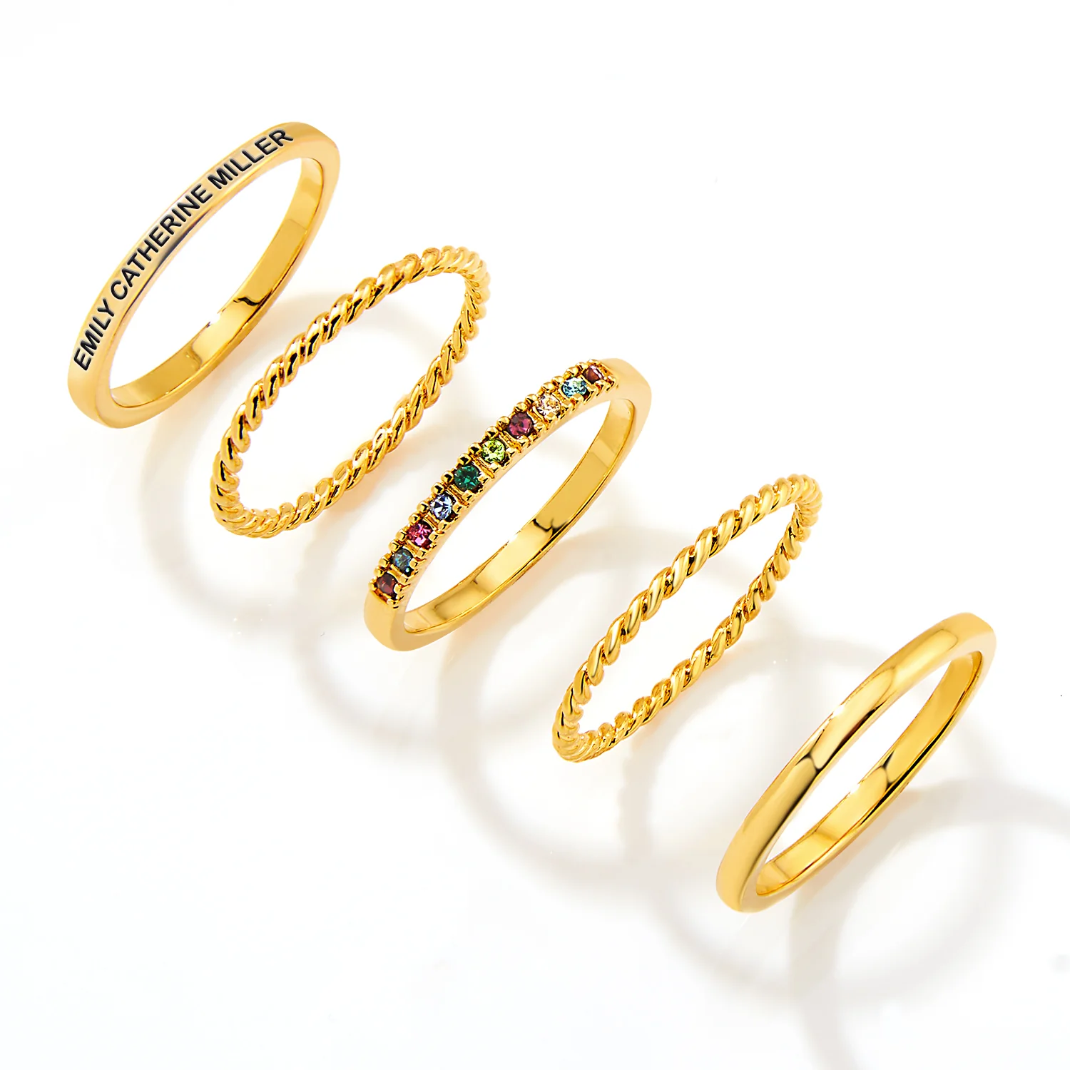 Gold Plated Personalized Family Birthstone Roped Stackable 5 Ring Set - Image 4