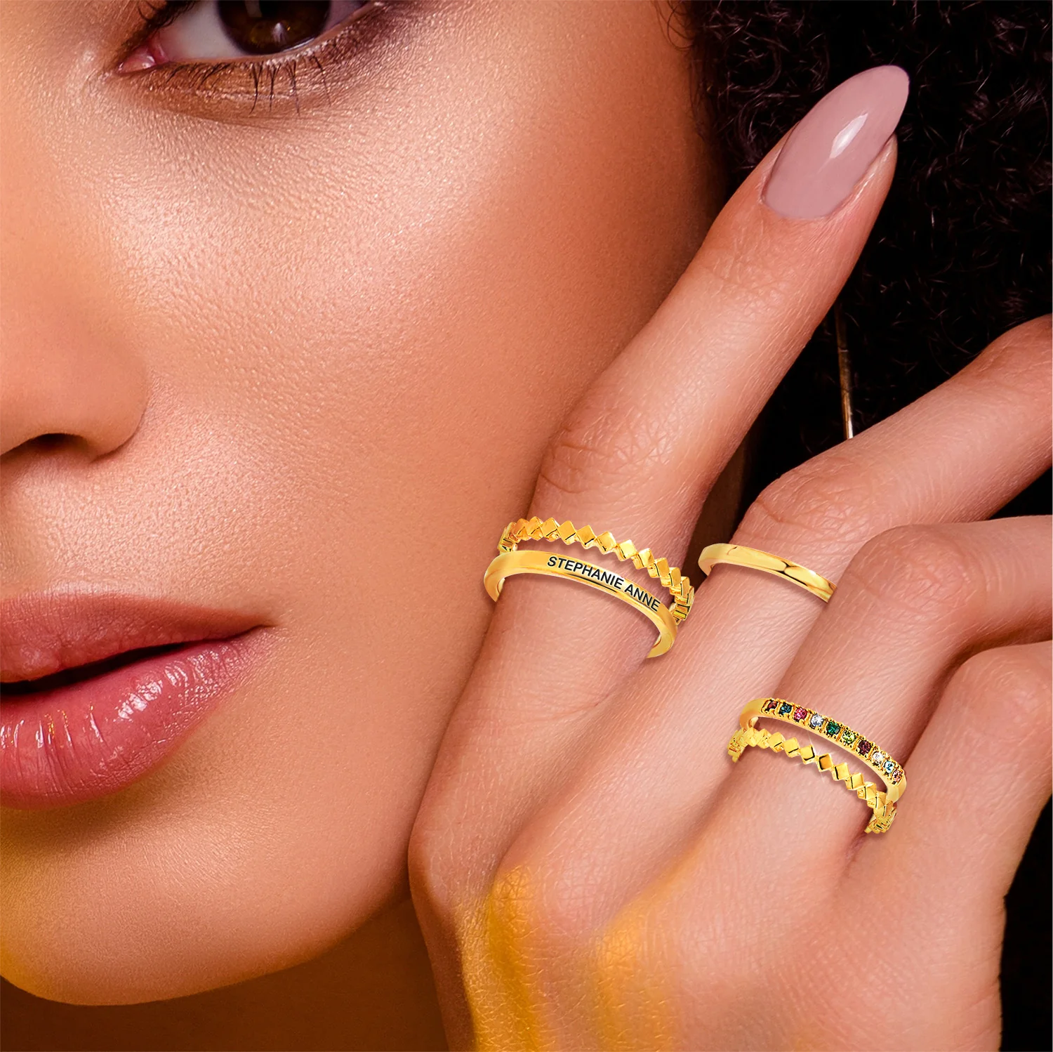 Gold Plated Personalized Family Birthstone Stackable 5 Ring Set - Image 2